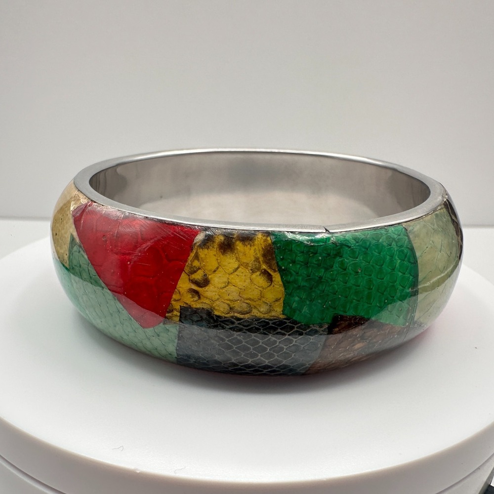 Vintage 80s Snakeskin Inlay Bangle Bracelet Multi Color Boho Chic
